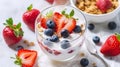 Scrumptious Homemade Yogurt Infused with Strawberries, Berries, and Crunchy Cereals with white background, Generative AI