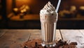 Scrumptious hot chocolate milkshake with whipped cream topping, elegantly served in a glass