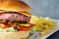 a burger with french fries and tomato is pictured on a plate