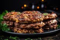 Scrumptious and mouthwatering grilled meat burger patty served on a rustic wooden board