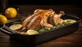 Scrumptious roast chicken with juicy meat and crispy skin cooked to perfection in a sizzling pan