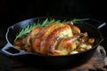 Scrumptious roast goose with crispy skin and succulent meat, perfectly cooked in a sizzling pan