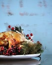 Scrumptious roast turkey chicken on platter