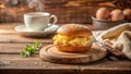 Scrumptious scrambled egg sandwich on a rustic wooden tabletop with a warm beverage. Generative AI Royalty Free Stock Photo