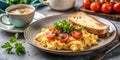 Scrumptious scrambled eggs with fresh tomatoes and parsley, served with toasted bread and a side of coffee. Generative AI Royalty Free Stock Photo