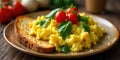 Scrumptious scrambled eggs with toasted bread and fresh herbs, a delightful breakfast dish. Generative AI Royalty Free Stock Photo