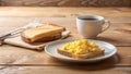 Scrumptious scrambled eggs on toasted bread with a side of coffee for a delightful morning meal. Generative AI Royalty Free Stock Photo