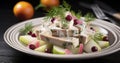 A Scrumptious Serving of Polish Herring Salad, Ideal for Any Party