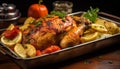 Scrumptious and tender roast chicken with crispy golden skin cooking to perfection in a sizzling pan