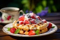 Scrumptious viennese waffles with fresh berries and sweet syrup at cozy outdoor cafe