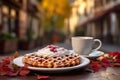 Scrumptious viennese waffles with fresh berries and sweet syrup on an outdoor cafe table