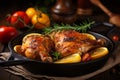 Scrumptious whole roast chicken with crispy skin, cooked to perfection in a sizzling pan