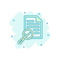 Scrutiny document plan icon in comic style. Review statement vector cartoon illustration pictogram. Document with magnifier loupe