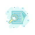 Scrutiny document plan icon in comic style. Review statement vector cartoon illustration pictogram. Document with magnifier loupe