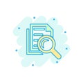 Scrutiny document plan icon in comic style. Review statement vector cartoon illustration pictogram. Document with magnifier loupe