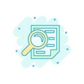 Scrutiny document plan icon in comic style. Review statement vector cartoon illustration pictogram. Document with magnifier loupe