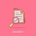 Scrutiny document plan icon in comic style. Review statement vector cartoon illustration pictogram. Document with magnifier loupe