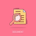 Scrutiny document plan icon in comic style. Review statement vector cartoon illustration pictogram. Document with magnifier loupe