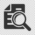 Scrutiny document plan icon in flat style. Review statement vector illustration on isolated background. Document with magnifier l