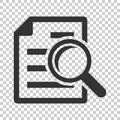 Scrutiny document plan icon in flat style. Review statement vector illustration on isolated background. Document with magnifier l