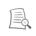 Scrutiny document plan icon in hand drawn style. Review statement vector illustration.Document with magnifier loupe business