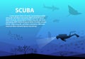 Scuba in deep blue sea with ocean life, vector art