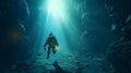 Scuba deep sea diver swimming in a deep ocean cavern ,generated with AI.
