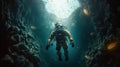 Scuba deep sea diver swimming in a deep ocean cavern . Underwater exploration. Into the abyss. Generative AI Royalty Free Stock Photo