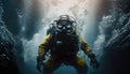 Scuba deep sea diver swimming in a deep ocean cavern . Underwater exploration. Into the abyss.