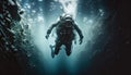 Scuba deep sea diver swimming in a deep ocean cavern . Underwater exploration. Into the abyss. Royalty Free Stock Photo