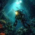 Scuba deep sea diver swimming in a deep ocean cavern, Underwater exploration Royalty Free Stock Photo