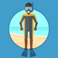 Scuba diver on the beach vector illustration. Royalty Free Stock Photo