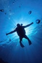 Scuba diver in the blue water descending in to the depth Royalty Free Stock Photo