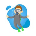 Scuba diver boy underwater, cartoon character. Flat vector illustration, isolated on white background. Royalty Free Stock Photo