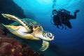 scuba diver catching glimpse of sea turtle underwater