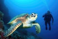 scuba diver catching glimpse of sea turtle underwater