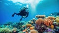 Scuba diver and colorful tropical coral reef in the Red Sea. Generative AI Royalty Free Stock Photo