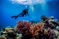 Scuba diver on a colorful tropical coral reef in the Sea