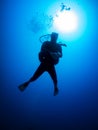 A scuba diver in the deep, blue sea