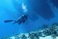 Scuba diver descending in to the sea, three boats silhouettes above him