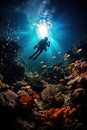 Scuba diver dives underwater in the ocean between coral reef