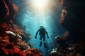 Scuba diver dives underwater in the ocean between coral reef