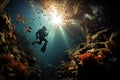 Scuba diver dives underwater in the ocean between coral reef