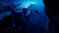 scuba diver at the edge of a drop-off, endless deep blue abyss, feeling of awe and solitude. Royalty Free Stock Photo
