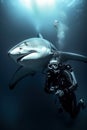 Scuba Diver Encounters Ferocious Shark. Generative ai