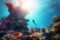 A scuba diver explores a colorful coral reef in the underwater world., Person scuba diving in a coral reef, AI Generated Royalty Free Stock Photo