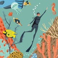 Scuba diver explores coral reef. Sea life.