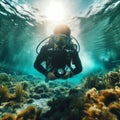 Scuba diver explores the crystal clear, shallow river waters Royalty Free Stock Photo