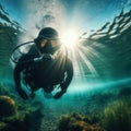 Scuba diver explores the crystal clear, shallow river waters Royalty Free Stock Photo