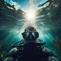 Scuba diver explores the crystal clear, shallow river waters Royalty Free Stock Photo